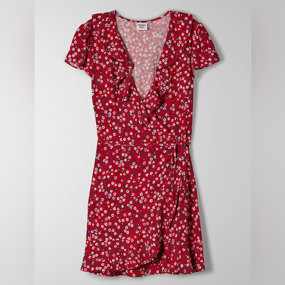 Sunday Best Red New Ruffle Wrap Dress With Floral Print